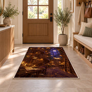 Magical Library rug in an entryway with a wooden door and bench