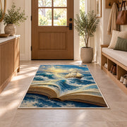 Book Pages Become the Sea rug in an entryway with a wooden door and bench