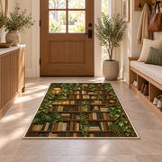 Ivy Covered Bookshelf rug in an entryway with a wooden door and bench