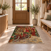 Bicycle at the Bookshop rug in an entryway with a wooden door and bench
