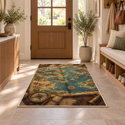 Fantasy Map in a Book rug in an entryway with a wooden door and bench