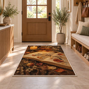 Reading Glasses and Candlelight rug in an entryway with a wooden door and bench