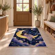 Reading on the Moon rug in an entryway with a wooden door and bench