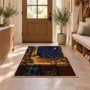 Starry Night Study Desk rug in an entryway with a wooden door and bench