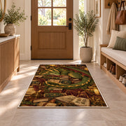 Dragon Guarding Books rug in an entryway with a wooden door and bench