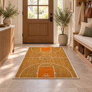 Basketball Court Top View rug in an entryway with a wooden door and bench