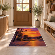 Driveway Hoop at Sunset rug in an entryway with a wooden door and bench
