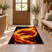 Basketball on Fire rug in an entryway with a wooden door and bench