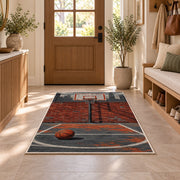 Streetball Chain Net Court rug in an entryway with a wooden door and bench