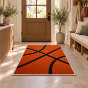 Basketball Texture Close-Up rug in an entryway with a wooden door and bench