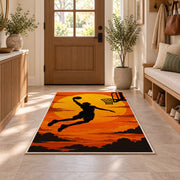 Slam Dunk Sunset Silhouette rug in an entryway with a wooden door and bench