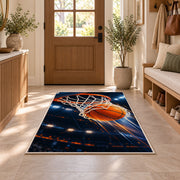 Swish Arena Lights rug in an entryway with a wooden door and bench