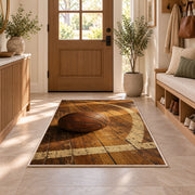 Vintage Leather Basketball rug in an entryway with a wooden door and bench