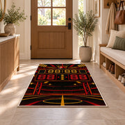 Retro Scoreboard rug in an entryway with a wooden door and bench