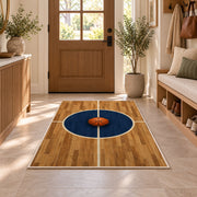 Center Court Circle rug in an entryway with a wooden door and bench