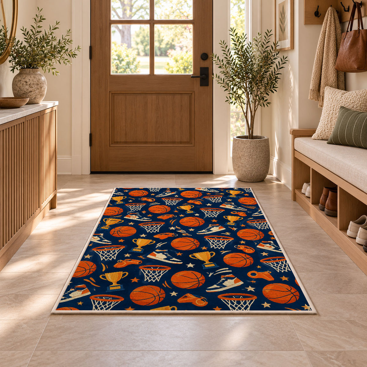 Basketball Icons Pattern rug in an entryway with a wooden door and bench