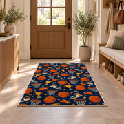 Basketball Icons Pattern rug in an entryway with a wooden door and bench
