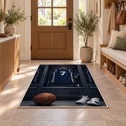 Locker Room Jersey Number 7 rug in an entryway with a wooden door and bench