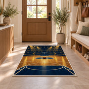 Arena Spotlight Court rug in an entryway with a wooden door and bench
