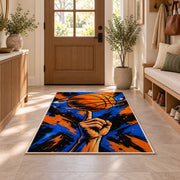 Spinning Ball on Finger rug in an entryway with a wooden door and bench