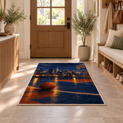 Rooftop Court City Night rug in an entryway with a wooden door and bench