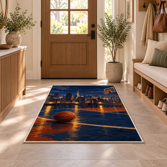 Rooftop Court City Night rug in an entryway with a wooden door and bench