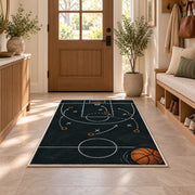 Chalkboard Basketball Play rug in an entryway with a wooden door and bench