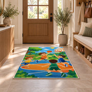 Kids Playing Basketball rug in an entryway with a wooden door and bench