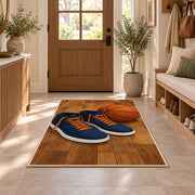 High-Top Sneakers and Ball rug in an entryway with a wooden door and bench