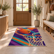 Retro 80s Hoops Poster rug in an entryway with a wooden door and bench