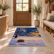 Snowy Backyard Hoop rug in an entryway with a wooden door and bench