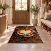 Latte Art Heart Cappuccino rug in an entryway with a wooden door and bench