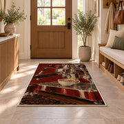 Vintage Espresso Machine rug in an entryway with a wooden door and bench