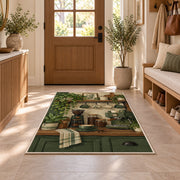 Cozy Coffee Bar Nook rug in an entryway with a wooden door and bench