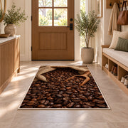 Burlap Sack of Coffee Beans rug in an entryway with a wooden door and bench