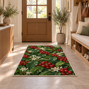 Coffee Cherry Branches rug in an entryway with a wooden door and bench