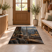 French Press Rainy Window rug in an entryway with a wooden door and bench