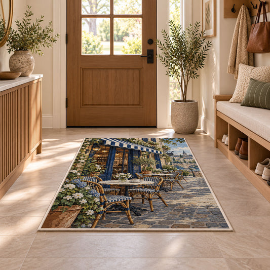 Parisian Sidewalk Cafe rug in an entryway with a wooden door and bench
