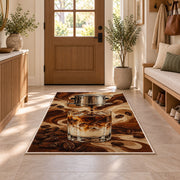 Vietnamese Iced Coffee rug in an entryway with a wooden door and bench