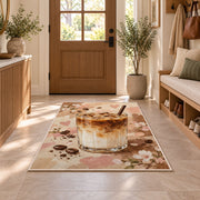 Layered Iced Latte rug in an entryway with a wooden door and bench