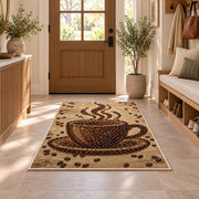Coffee Bean Cup Art rug in an entryway with a wooden door and bench