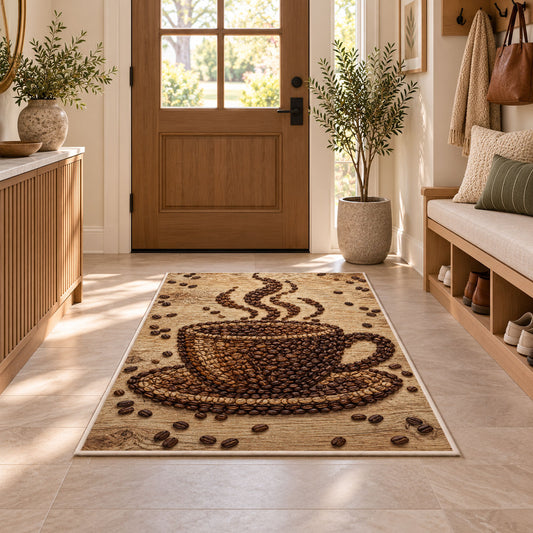 Coffee Bean Cup Art rug in an entryway with a wooden door and bench