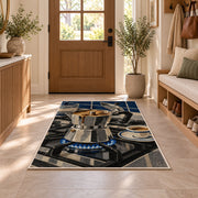 Moka Pot on the Stove rug in an entryway with a wooden door and bench