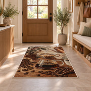 Pour Over Coffee rug in an entryway with a wooden door and bench