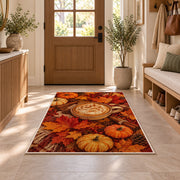 Pumpkin Spice Latte rug in an entryway with a wooden door and bench