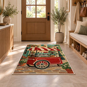 Retro Coffee Cart rug in an entryway with a wooden door and bench