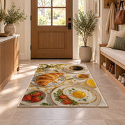 Breakfast Coffee Table rug in an entryway with a wooden door and bench