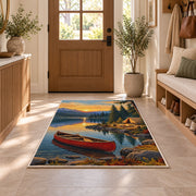 Red Canoe and Tent at Sunrise Lake rug in an entryway with a wooden door and bench