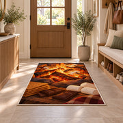 Campfire S'mores rug in an entryway with a wooden door and bench