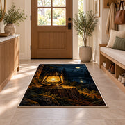 Vintage Camping Lantern rug in an entryway with a wooden door and bench